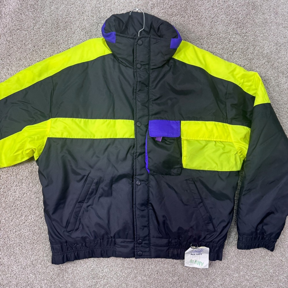 VTG Obermeyer Jacket Mens XL Commander Black Neon Yellow Purple Colorblock EUC